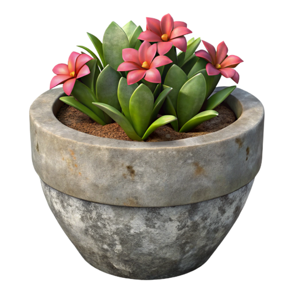 serene vintage Weathered Concrete Planter with Flowers Cutout authentic png