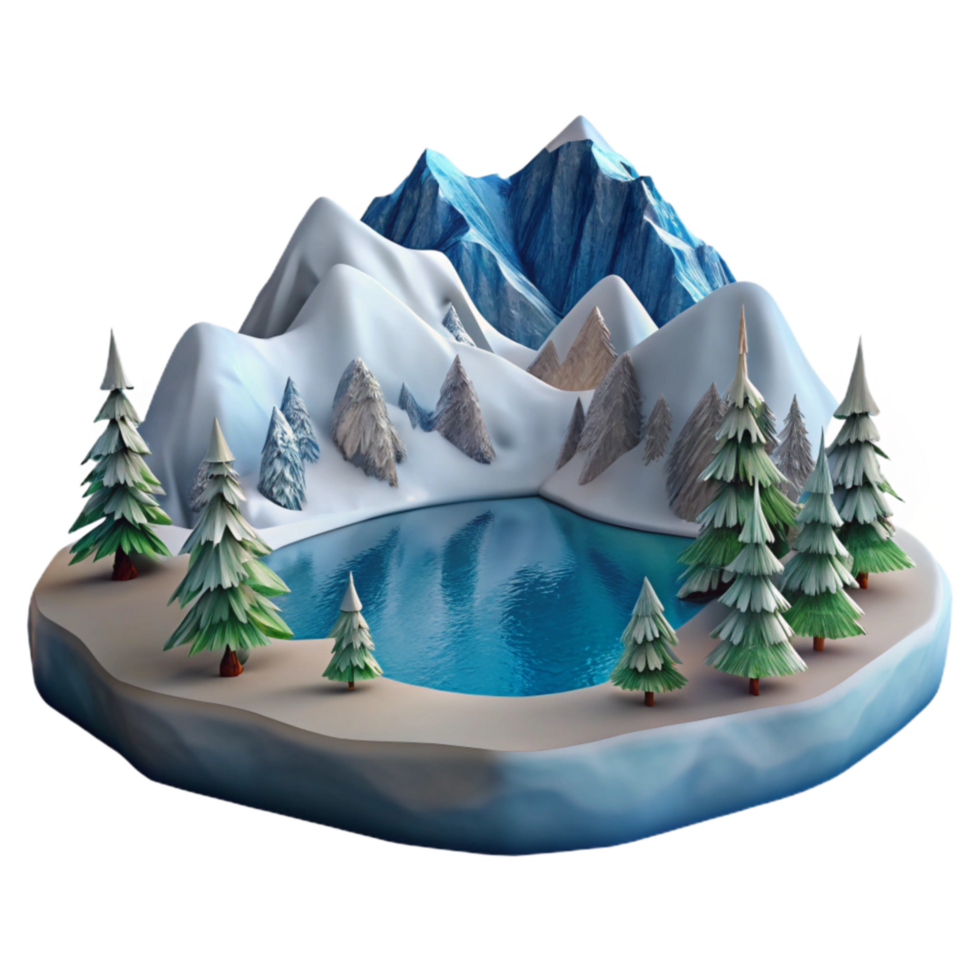 vibrant creative Winter Lake Landscape Cutout with Snow Covered Mountains professional png