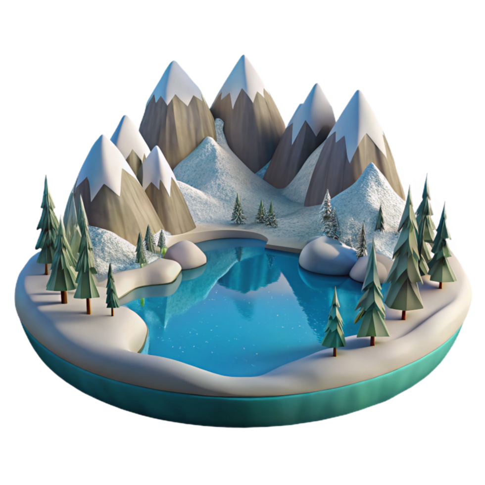 dramatic minimalist Winter Lake Landscape Cutout with Snow Covered Mountains authentic png