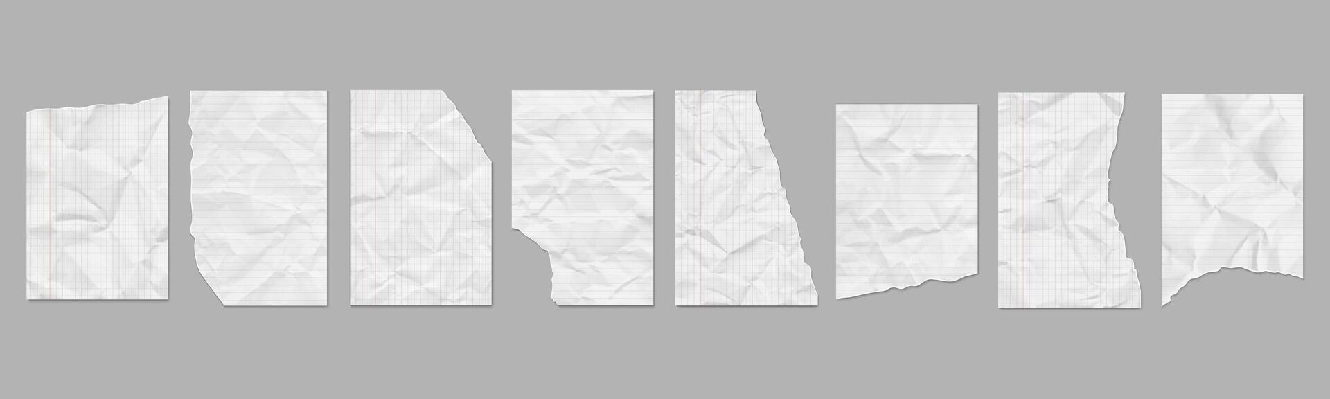 Torn crumpled pieces of paper notebook pages in a line and in a cage vector