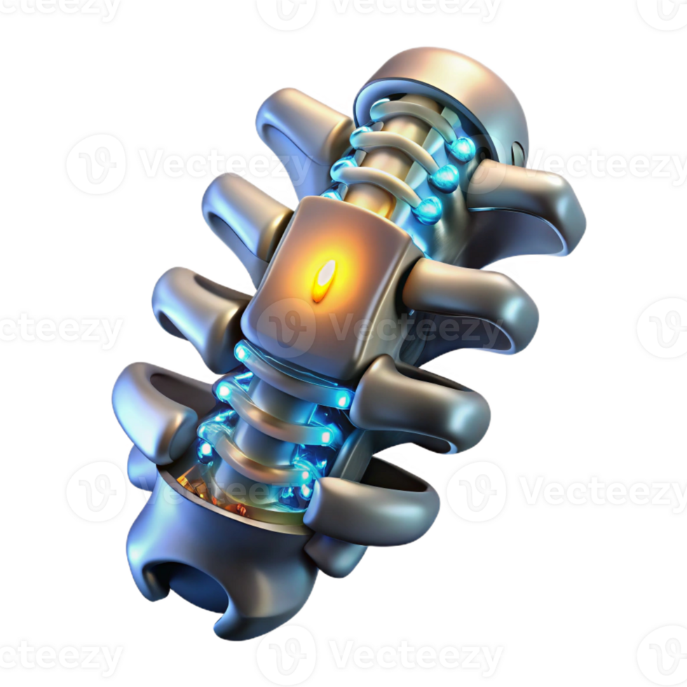 wonderful distinguished Cybernetic spine implant, metallic vertebrae, glowing circuitry with Transparent Background png