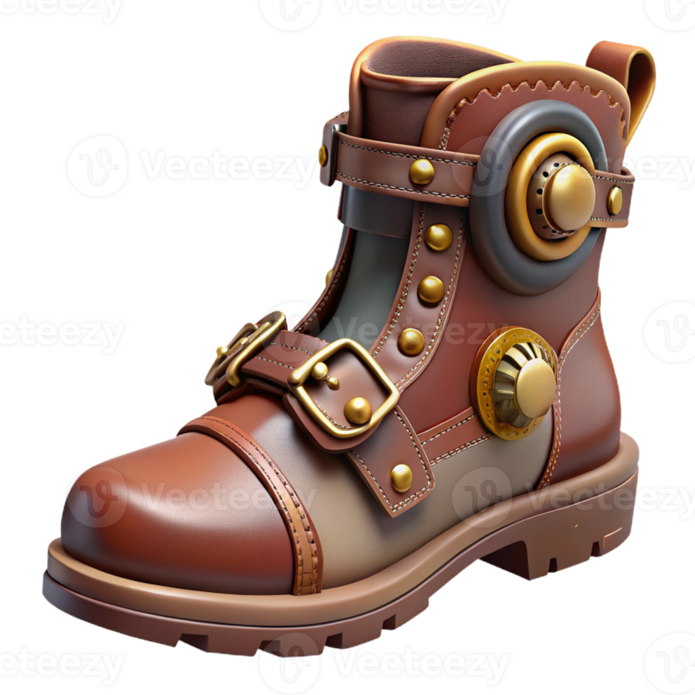 inspired organic Photorealistic, ultra-detailed professional render of a single steampunk boot with intricate buckles, gears, and leather straps Isolated cutout with Transparent Background 4K png