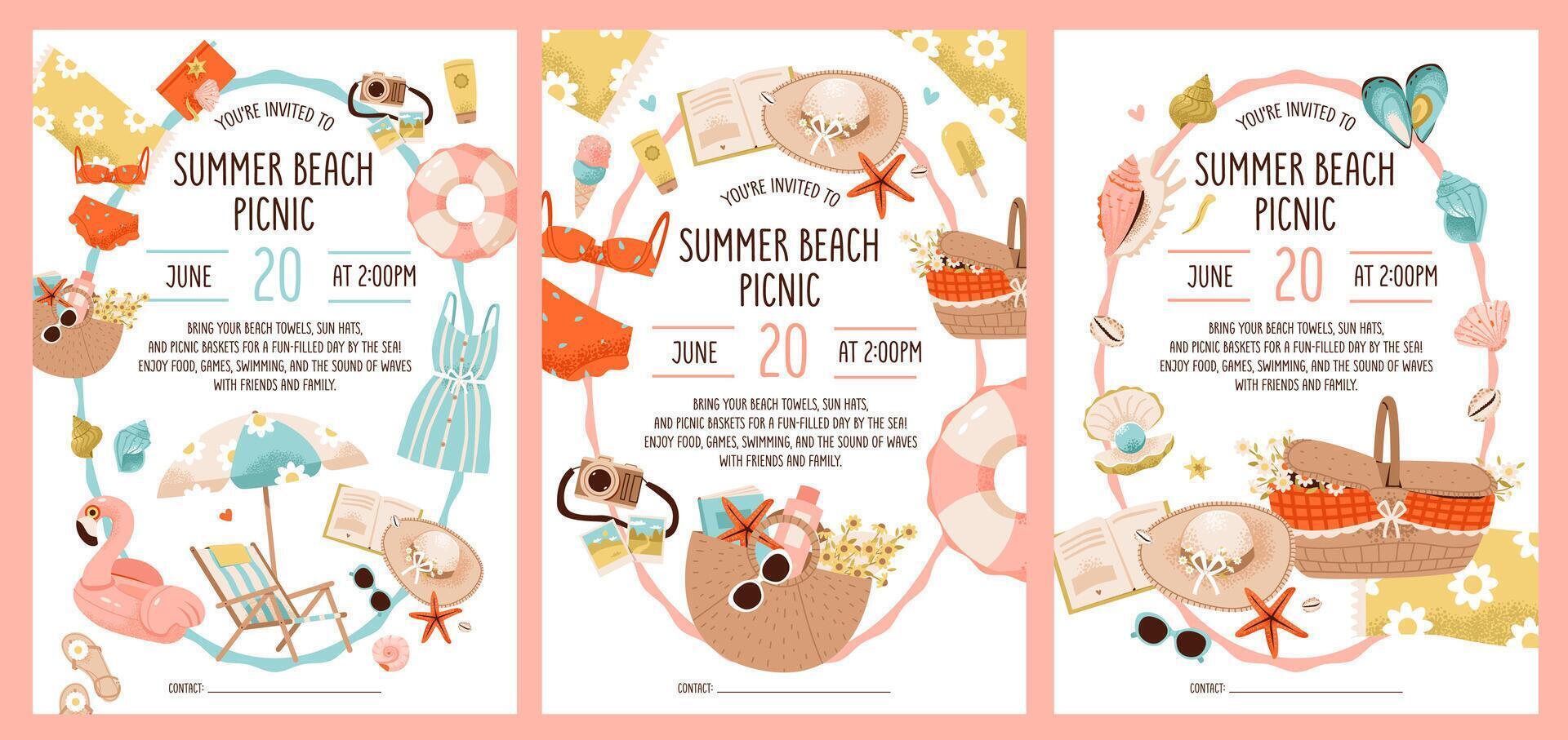 Summer picnic party invitation template set. Picnic basket with chaise longue, shells and swimsuit against a vibrant summer beach backdrop. Flat illustration. vector
