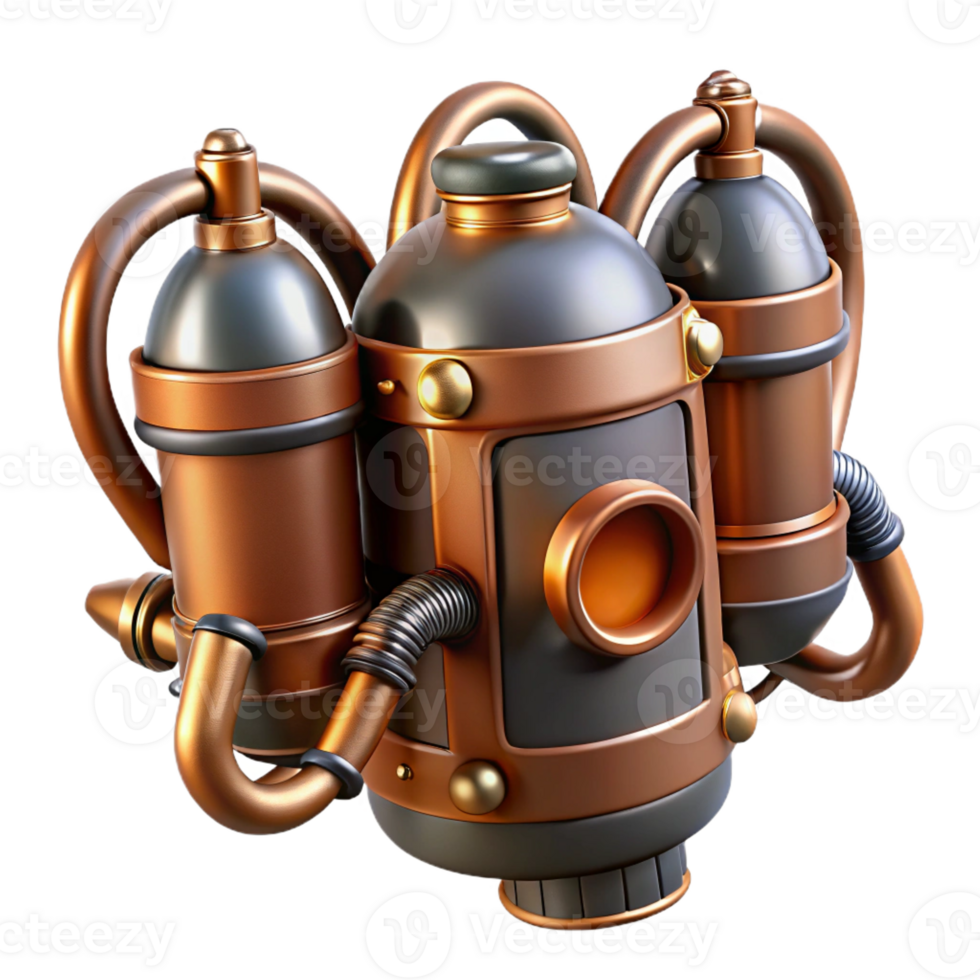 harmonious beautiful Hyper-specific, concept art style isolated cutout of a steampunk jetpack with copper tanks, valves, and thrusters Ultra-detailed render with Transparent Background expertly shot png