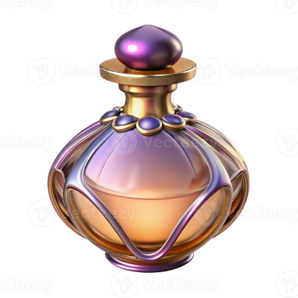 hypnotic minimalist Photorealistic, professional render, isolated cutout of an Art Nouveau perfume bottle, elegant, curved glass, floral stopper, with Transparent Background high resolution png