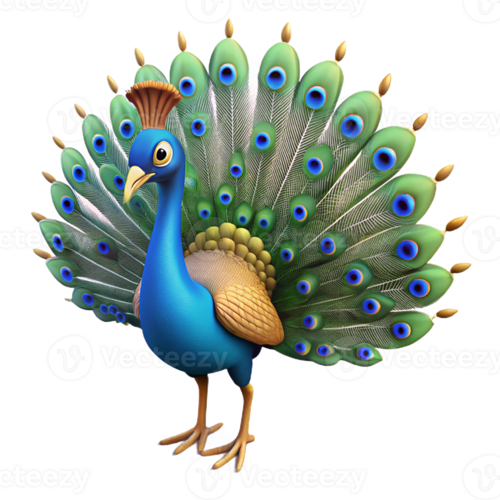 extraordinary playful vintage Peacock, male, tail feathers fully displayed with Transparent Background authentic png
