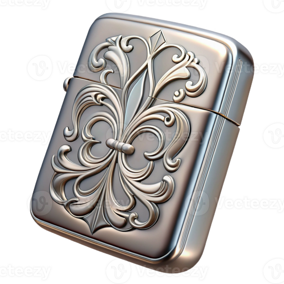 hypnotic reflective traditional Photorealistic professional render isolated cutout of an Art Nouveau cigarette case, silver, enamel inlay, floral motif, with Transparent Background museum quality png