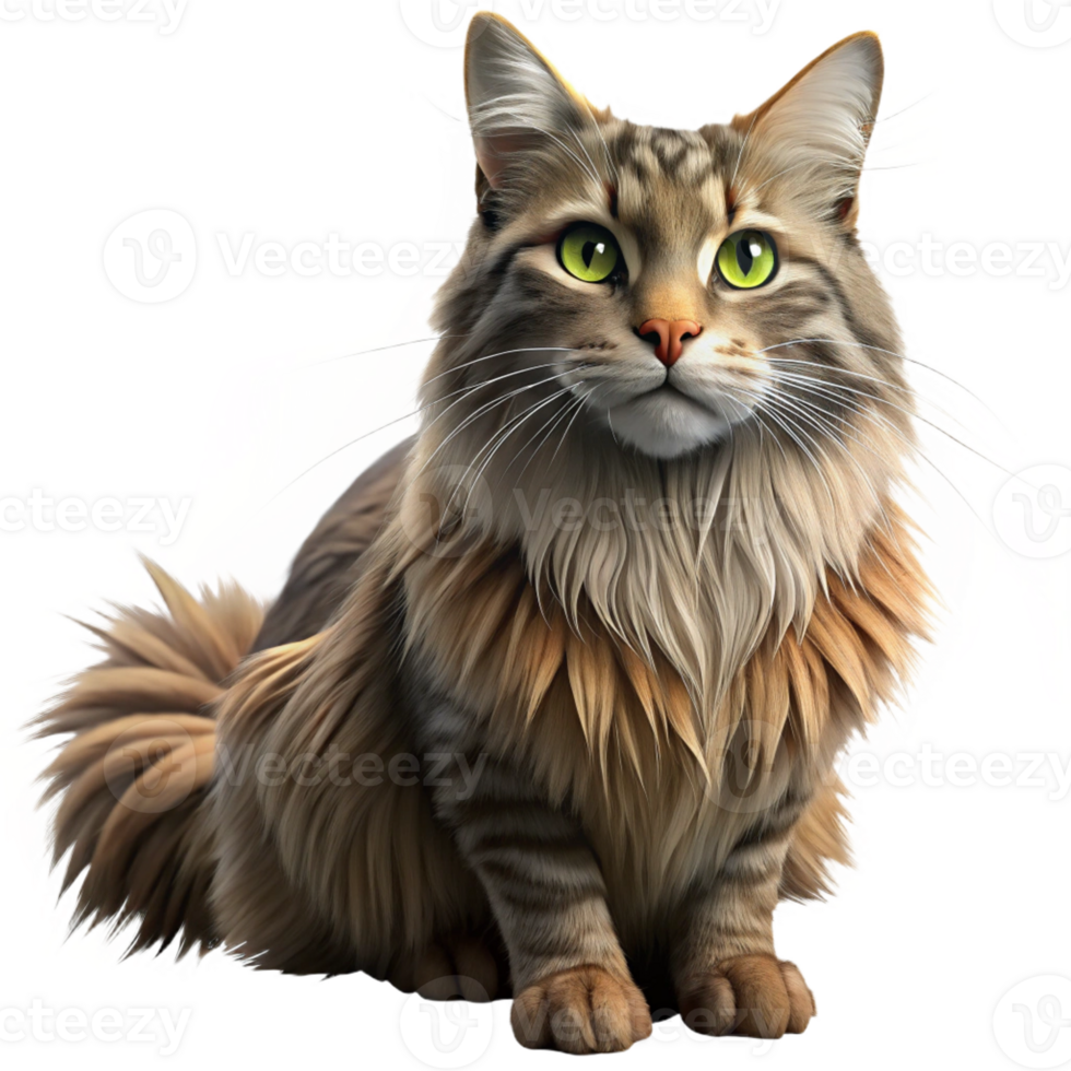 majestic harmonious modern Maine cat, long fur, regal pose, with Transparent Background high quality png