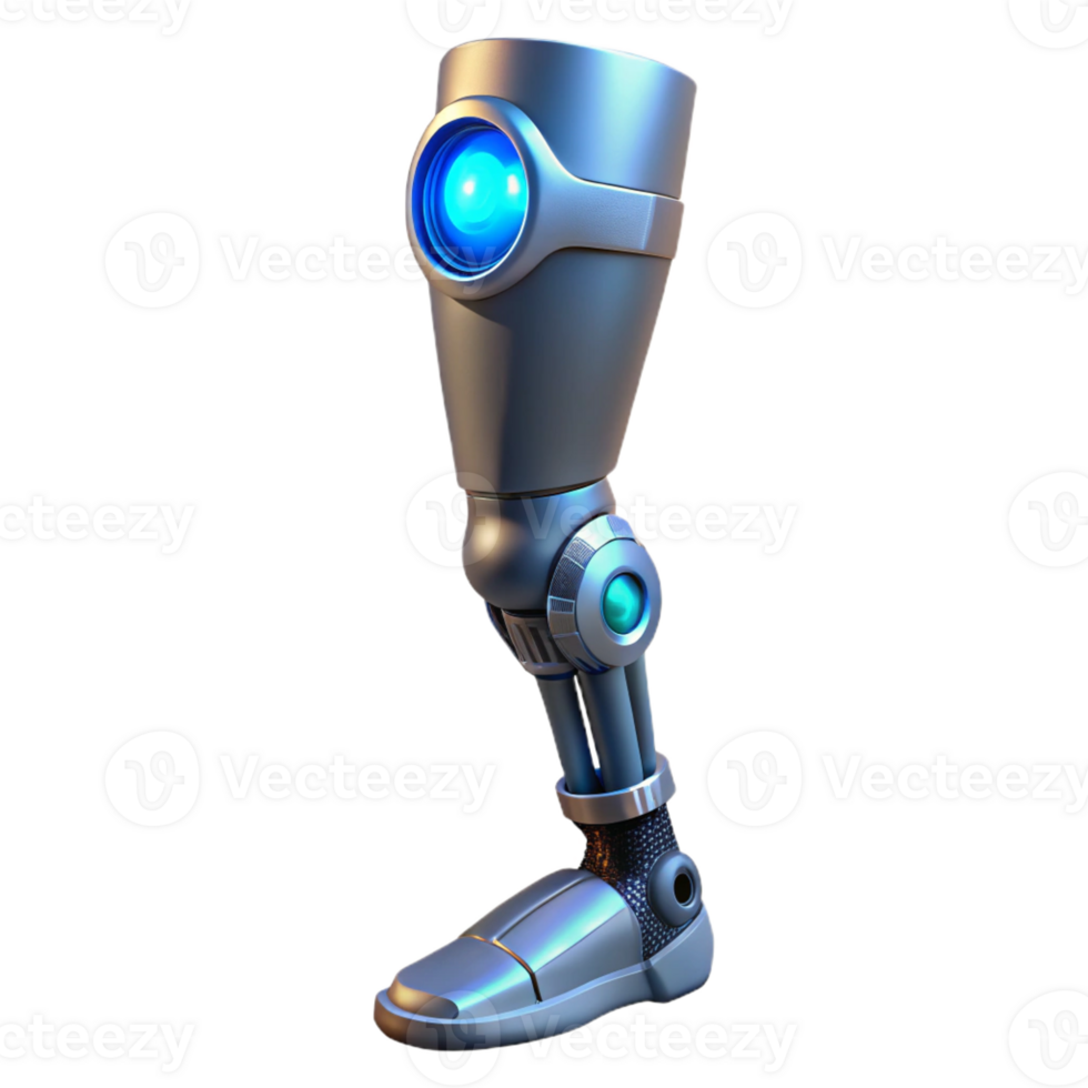 dramatic rustic Cybernetic prosthetic leg with exposed mechanics and glowing LEDs with Transparent Background crisp png