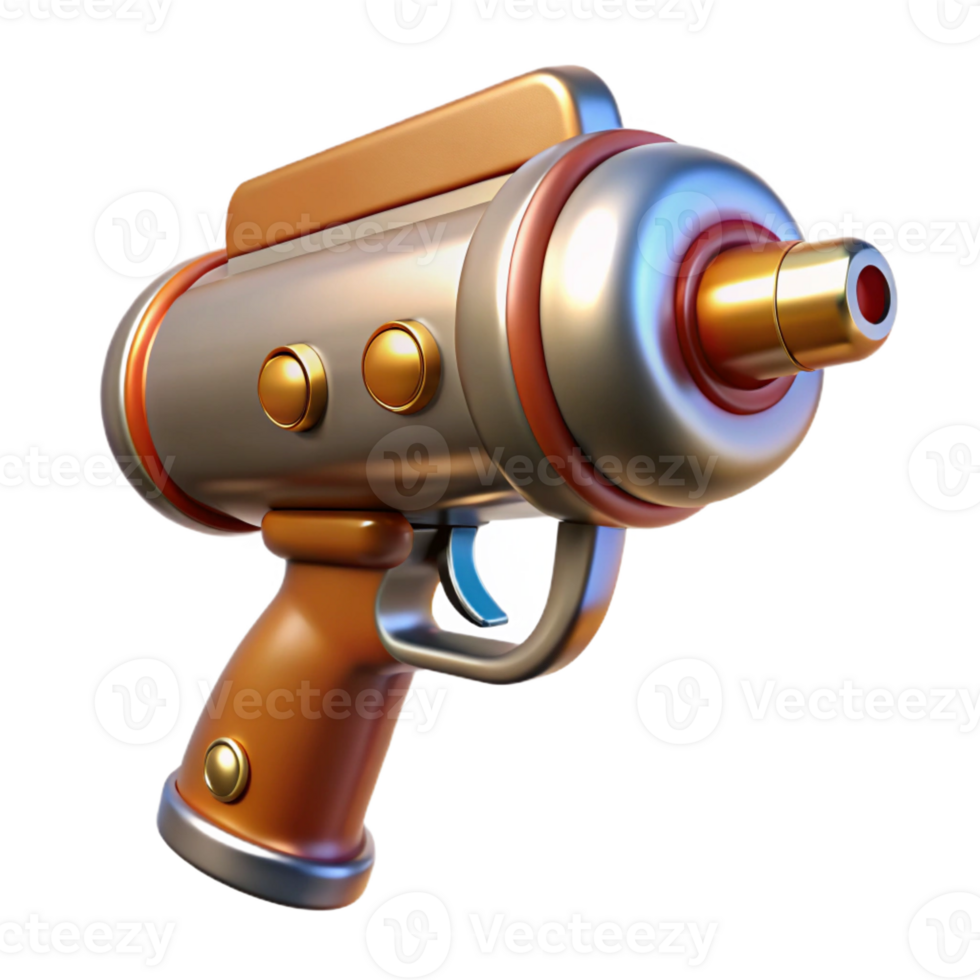 melancholic striking Retro ray gun with chrome finish and wooden handle with Transparent Background expertly shot png