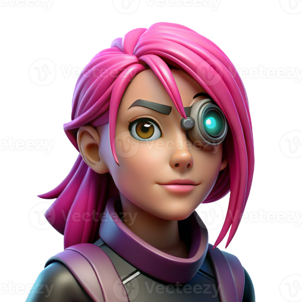 celebrated artistic Cyberpunk female character portrait with vibrant pink hair and cybernetic eye implant with Transparent Background refined png