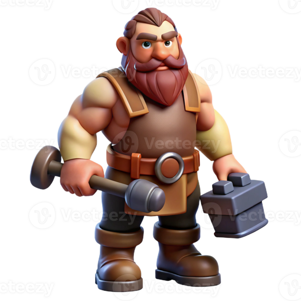 extraordinary harmonious mid-century A muscular dwarf blacksmith holding a hammer with Transparent Background crisp png