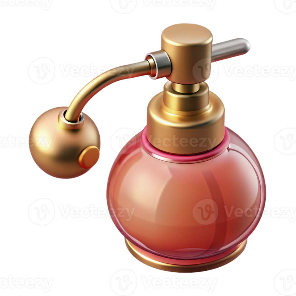 melancholic pristine Concept art style, hyper-specific isolated cutout of a vintage perfume bottle with atomizer with Transparent Background refined png