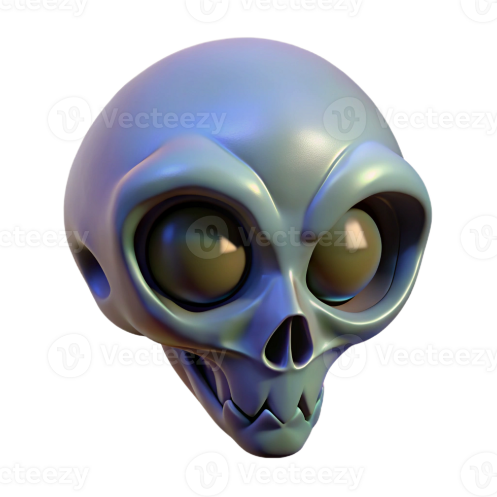 majestic joyful surreal Alien skull with elongated cranium and large eye sockets with Transparent Background authentic png