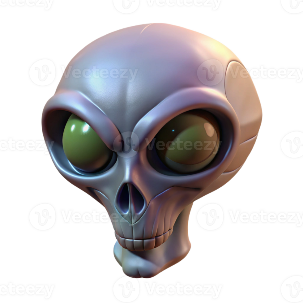 whimsical hypnotic Alien skull with elongated cranium and large eye sockets with Transparent Background refined png