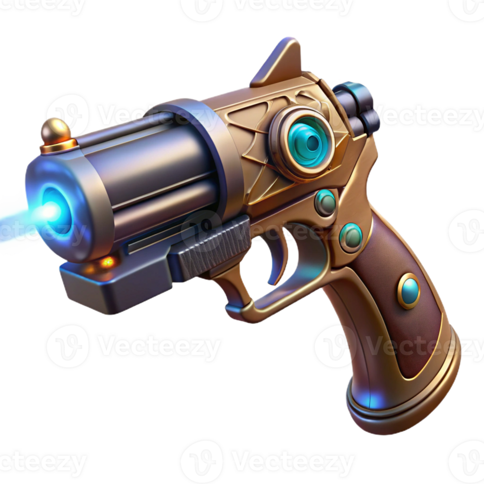 spectacular whimsical coastal Space pirate's laser pistol with ornate engravings and glowing energy cell with Transparent Background precision png