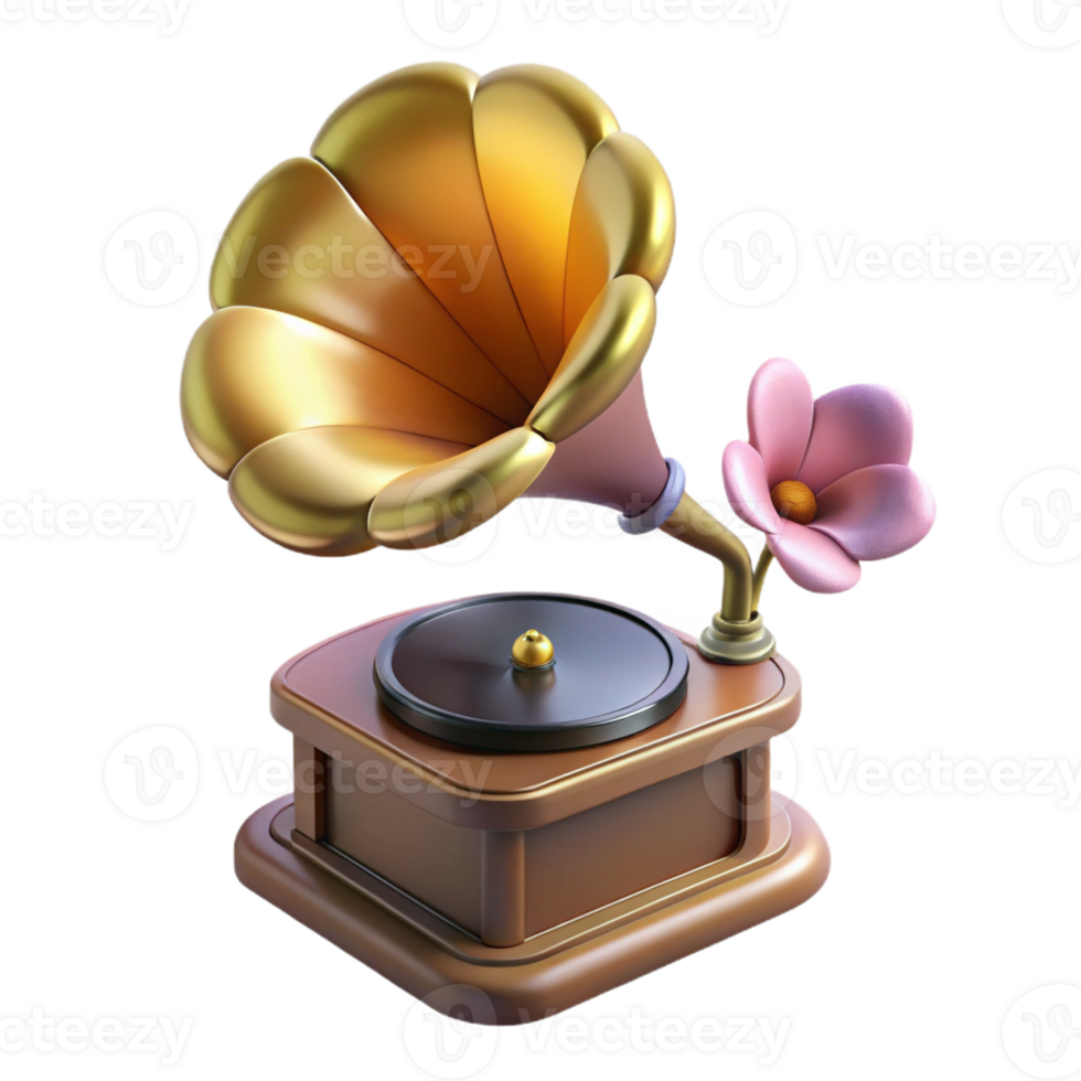 impressive whimsical renaissance Professional render, concept art style, isolated cutout of a floating, antique gramophone playing a single, wilting flower with Transparent Background ultra HD png
