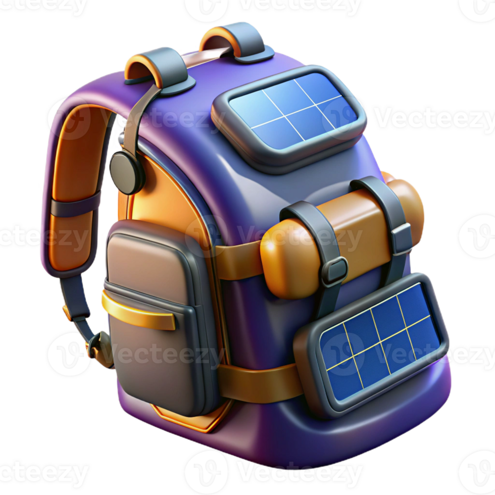 whimsical dazzling Cyberpunk backpack with integrated solar panels and charging ports with Transparent Background detailed png