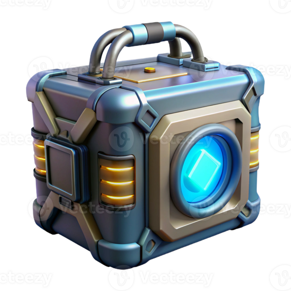 spectacular nostalgic geometric Futuristic portable power generator with glowing energy core with Transparent Background expertly shot png