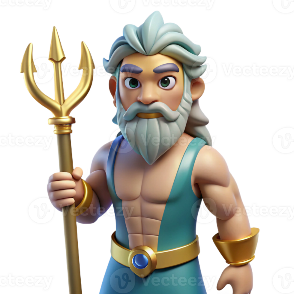 gorgeous unforgettable Poseidon, God of the Sea, holding trident, powerful stance, with Transparent Background png