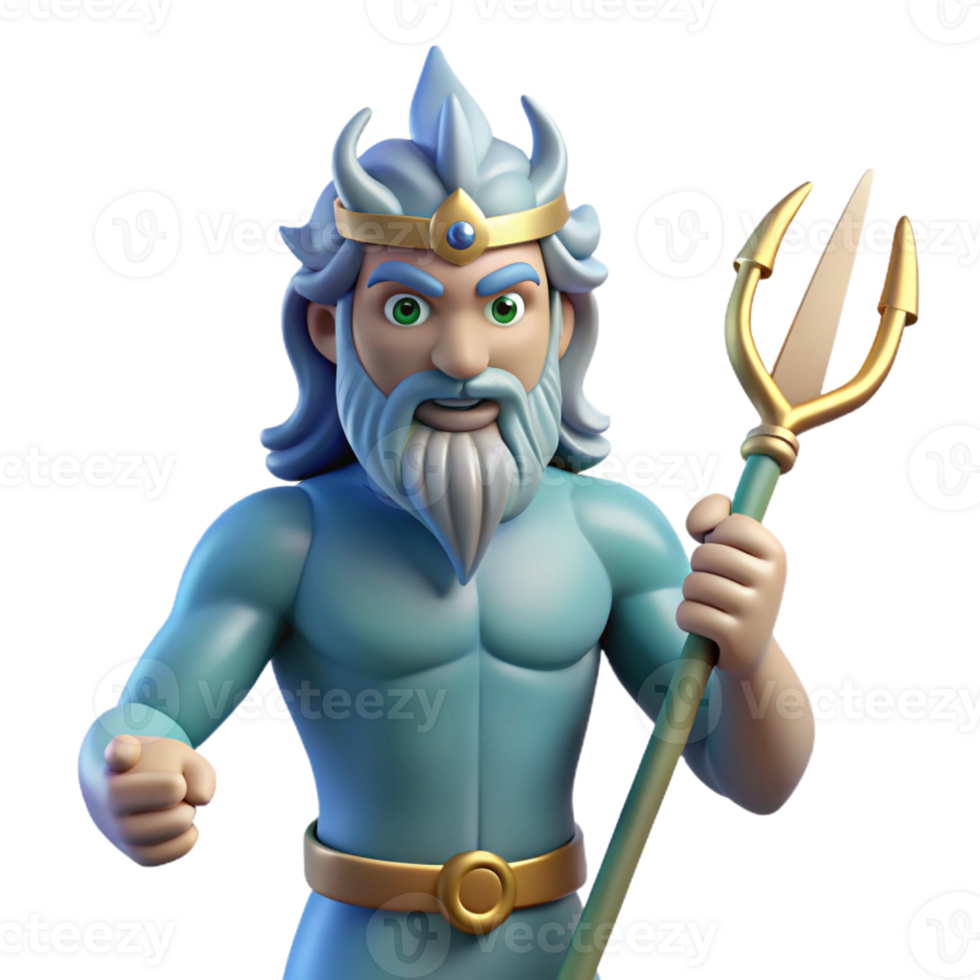 mesmerizing baroque Poseidon, God of the Sea, holding trident, powerful stance, with Transparent Background studio quality png