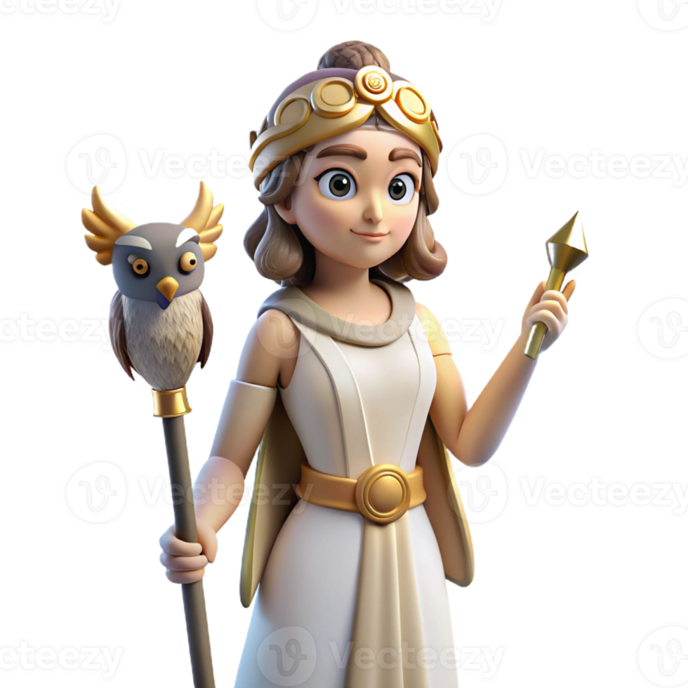 sumptuous futuristic Athena, Goddess of Wisdom, holding owl and spear, intelligent gaze, with Transparent Background luxury png