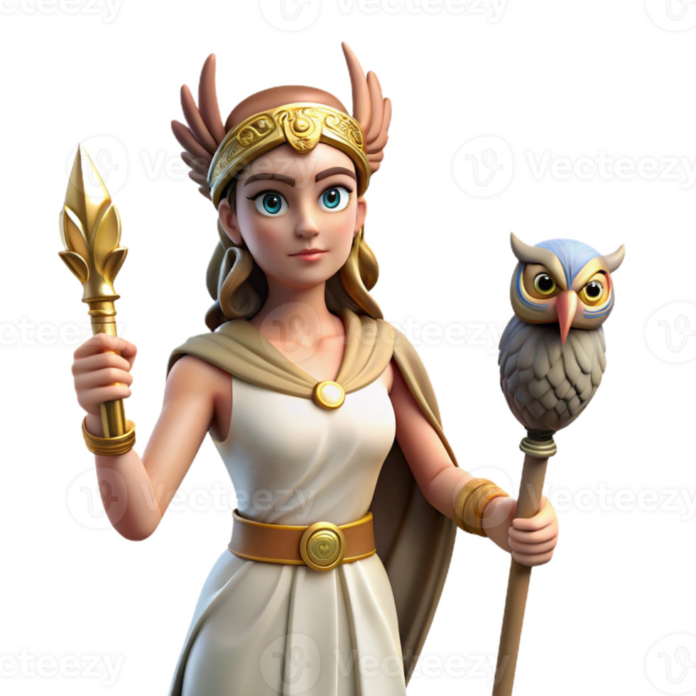 stunning mysterious urban Athena, Goddess of Wisdom, holding owl and spear, intelligent gaze, with Transparent Background expertly shot png