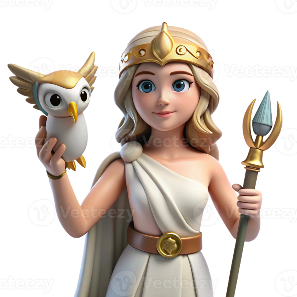 radiant geometric Athena, Goddess of Wisdom, holding owl and spear, intelligent gaze, with Transparent Background detailed png