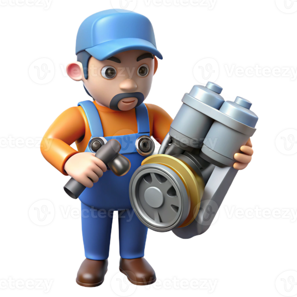 iconic art deco Mechanic inspecting a car engine with Transparent Background 8K png