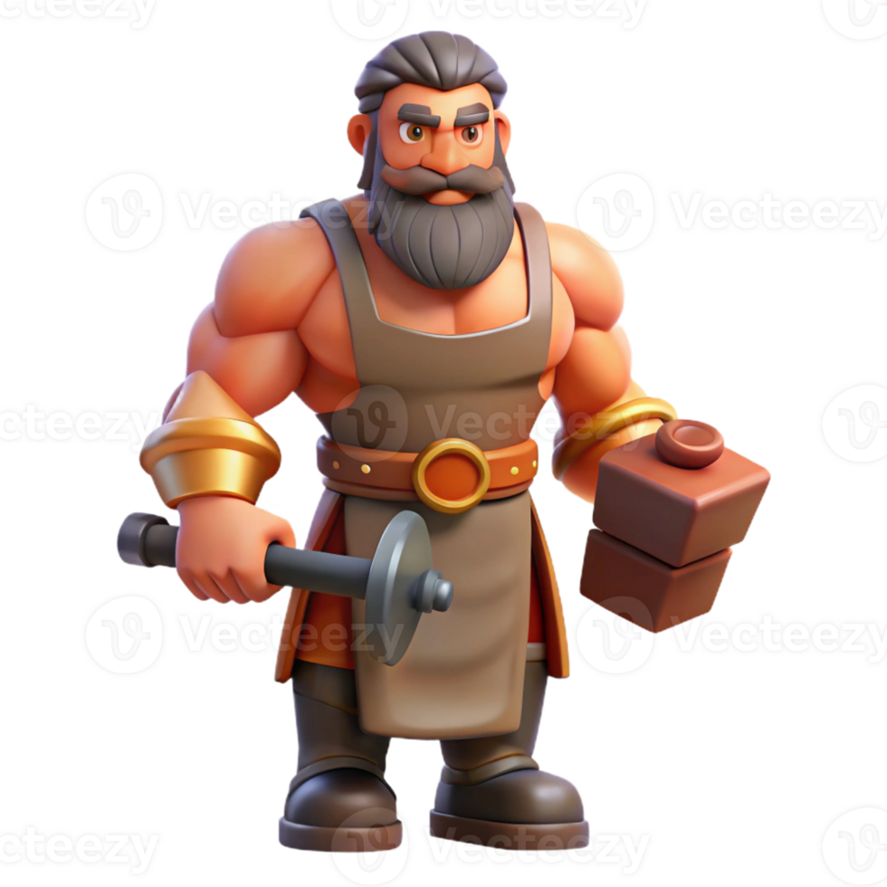 stunning bohemian Hephaestus, God of the Forge, holding hammer and anvil, muscular build, with Transparent Background fine detail png