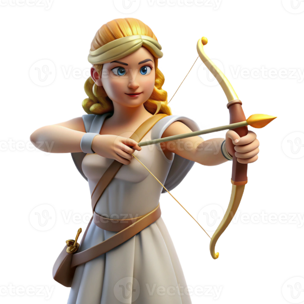 immaculate tranquil impressionist Artemis, Goddess of the Hunt, holding bow and arrow, focused gaze, with Transparent Background 4K png