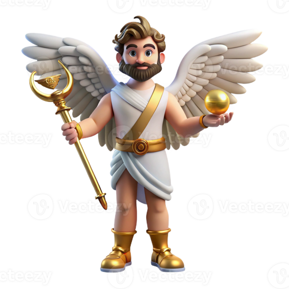 striking joyful art deco Hermes, Messenger of the Gods, holding caduceus, winged sandals, with Transparent Background gallery standard png