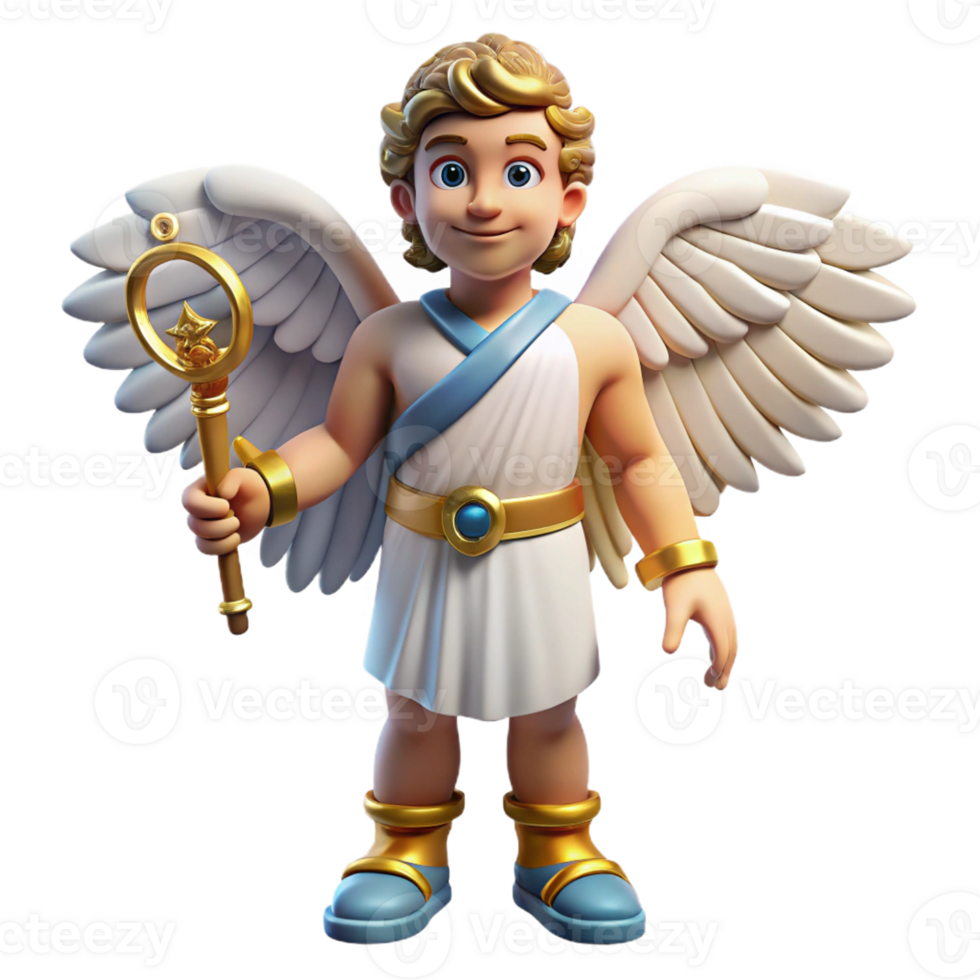 pristine elegant Hermes, Messenger of the Gods, holding caduceus, winged sandals, with Transparent Background original png