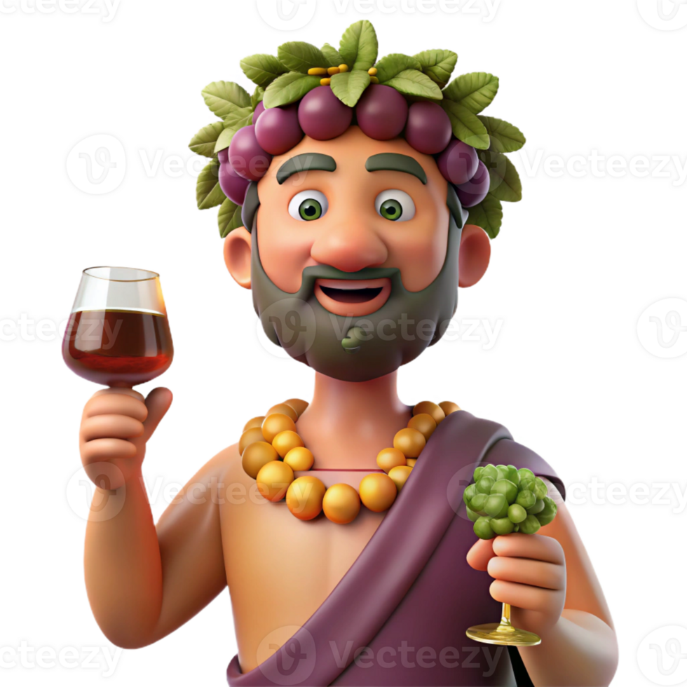 immaculate distinctive Dionysus, God of Wine and Revelry, holding grapes and wine glass, festive pose, with Transparent Background png