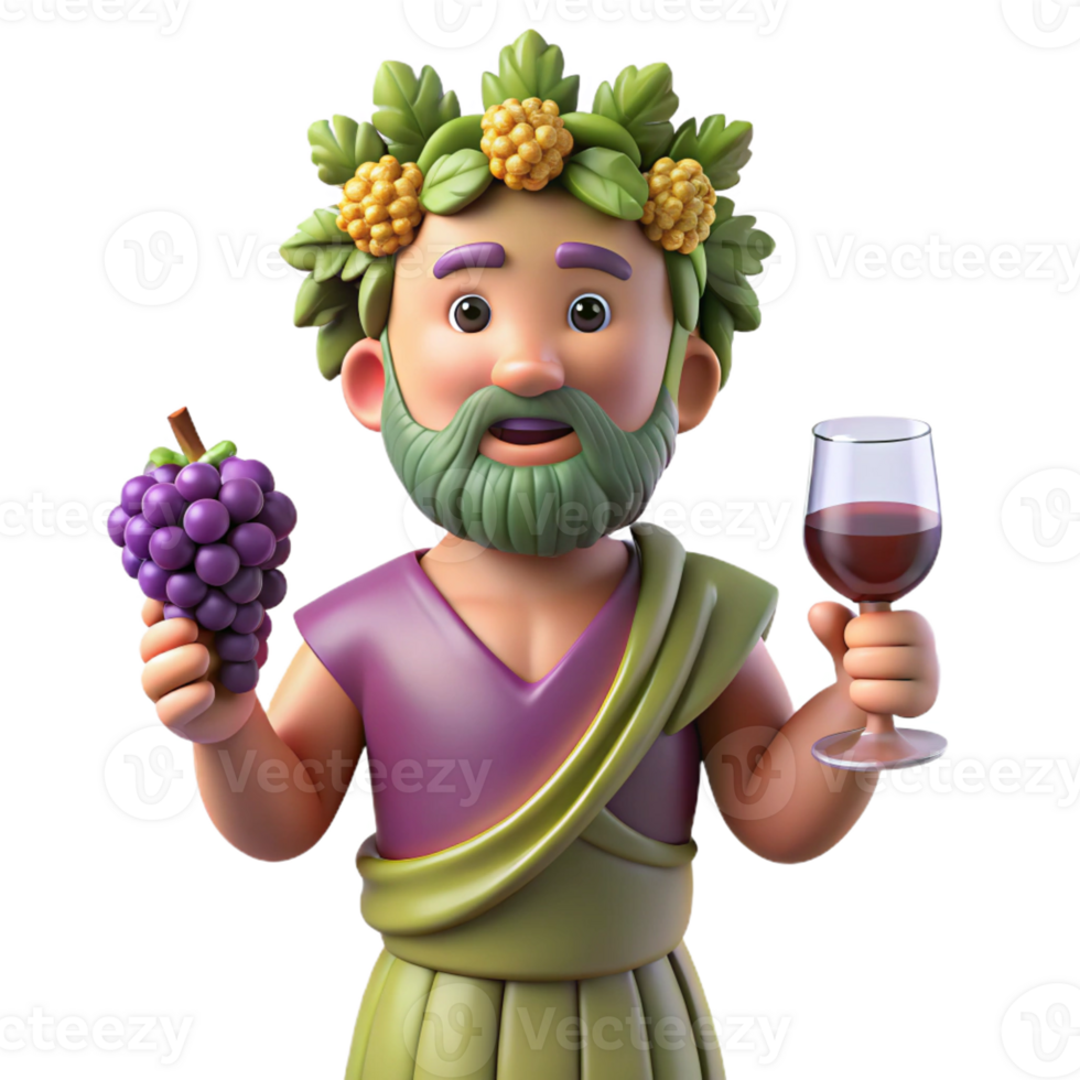 serene notable Dionysus, God of Wine and Revelry, holding grapes and wine glass, festive pose, with Transparent Background png