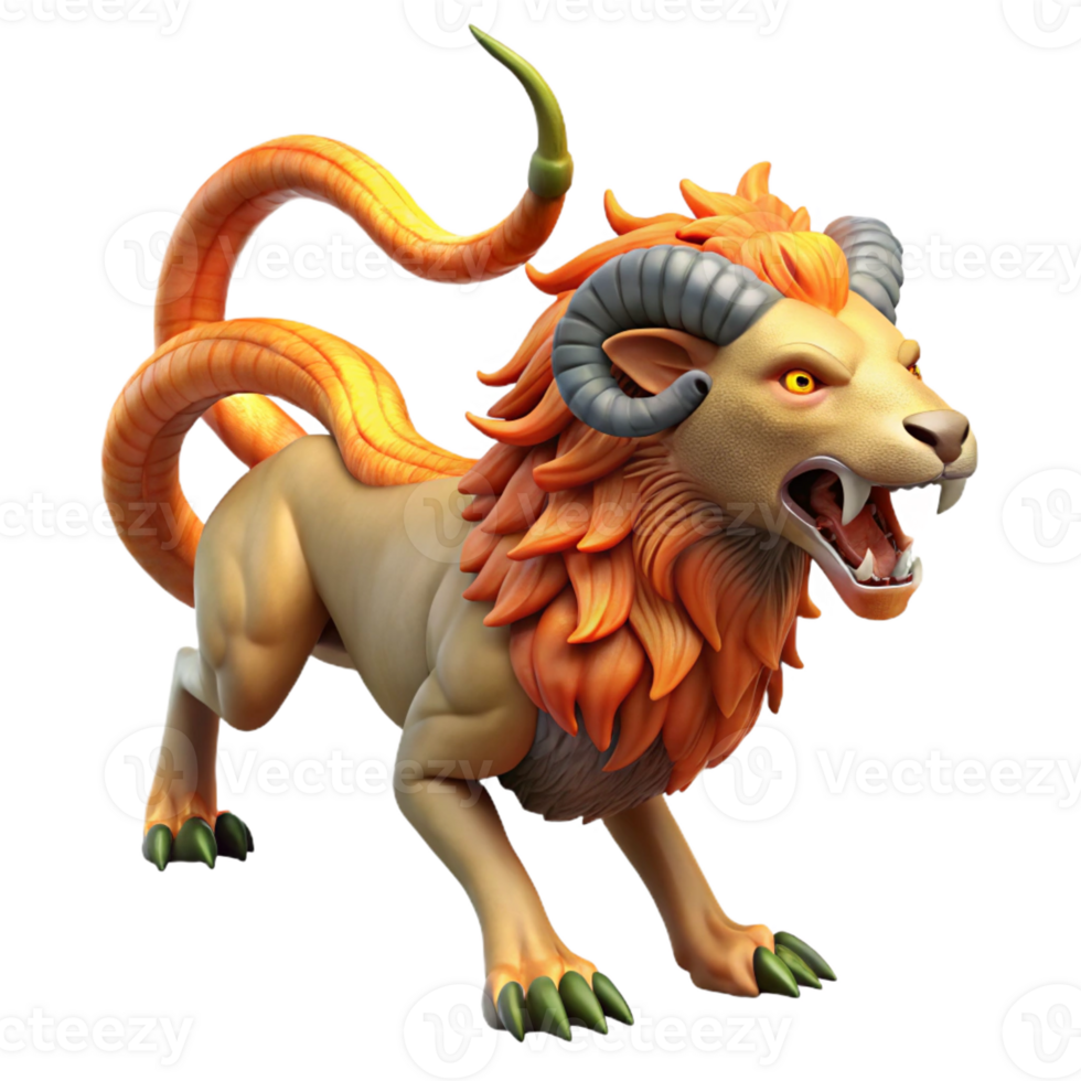 melancholic gorgeous Chimera, fire-breathing monster, goat head, lion body, serpent tail, with Transparent Background exclusive png