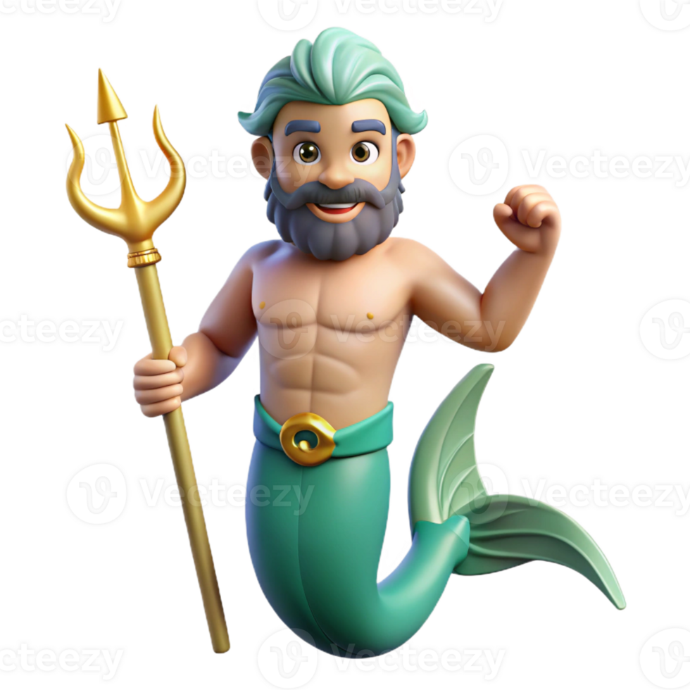 joyful extraordinary Triton, merman, holding trident, fish tail, with Transparent Background 8K png