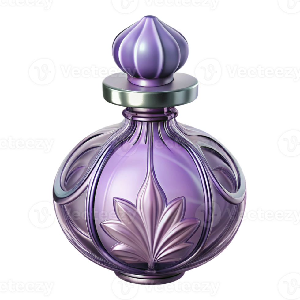 ethereal wonderful Ultra-detailed, isolated cutout of an Art Nouveau perfume bottle, slender glass with a stylized floral stopper, pale amethyst color with Transparent Background original png