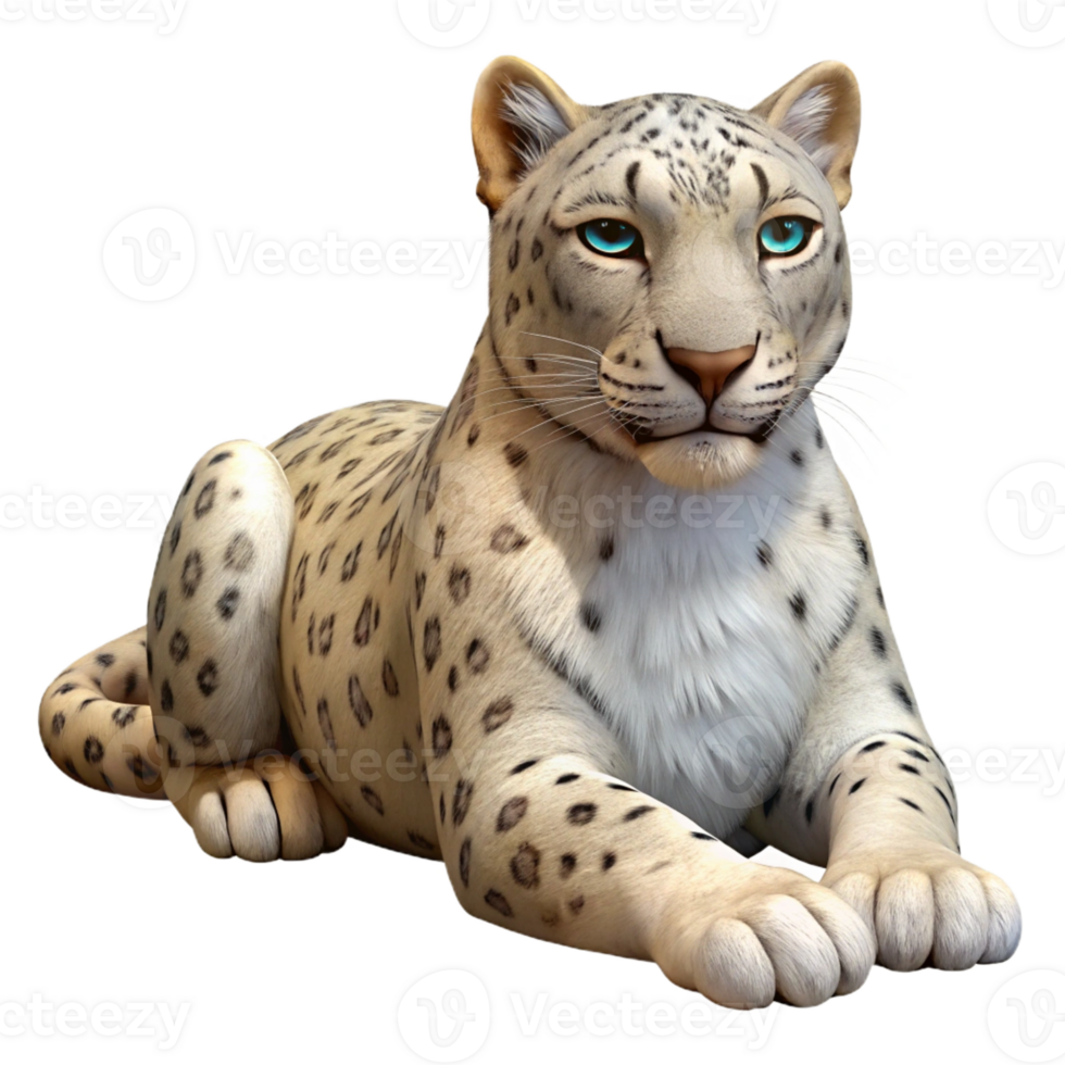 exceptional urban Photorealistic, professional render, isolated cutout of a single snow leopard, lying down, looking forward with Transparent Background sharp png