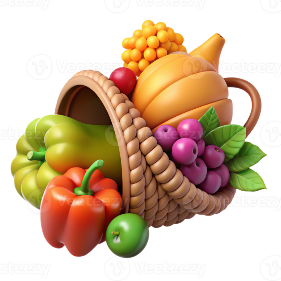 ethereal wonderful Cornucopia, horn of plenty, overflowing with fruits and vegetables, symbol of abundance, with Transparent Background artisan png
