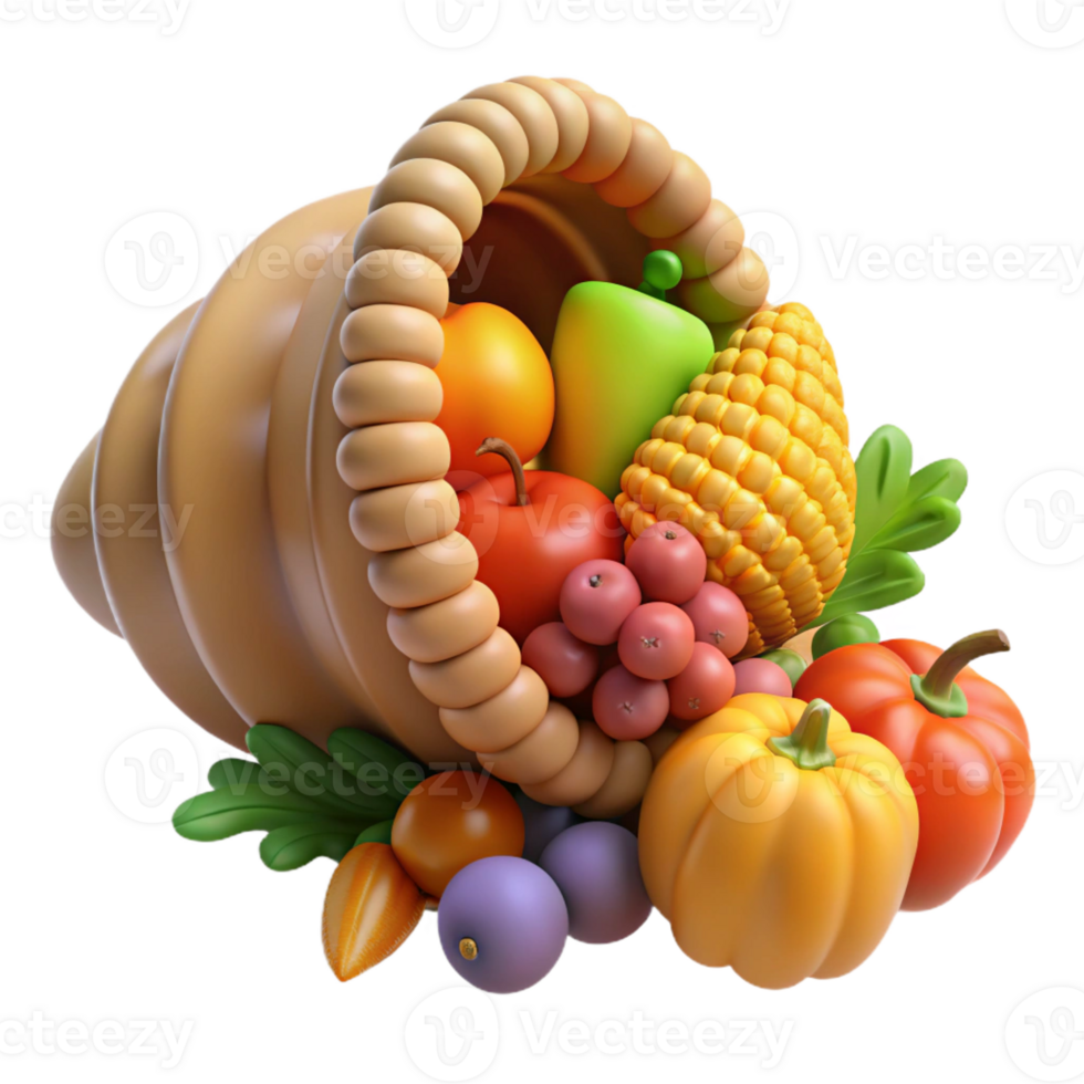 exquisite memorable Cornucopia, horn of plenty, overflowing with fruits and vegetables, symbol of abundance, with Transparent Background png