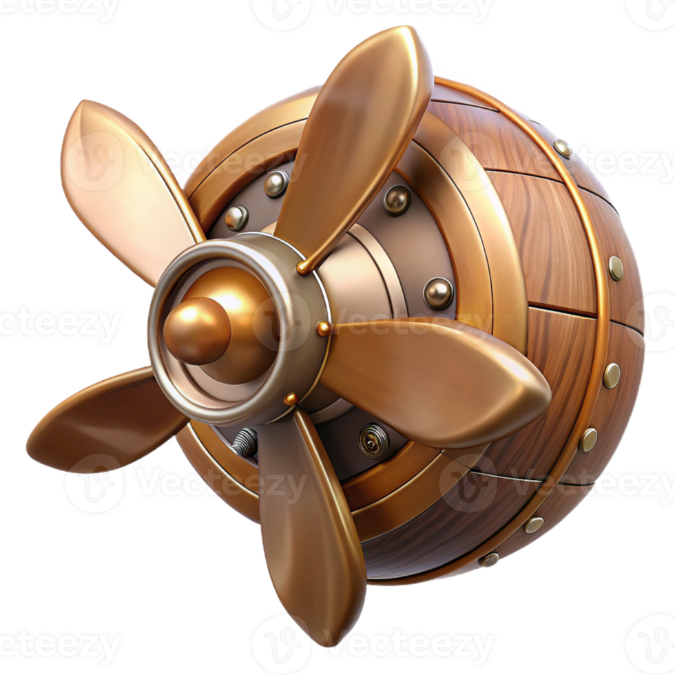 melancholic exquisite Steampunk airship propeller made of polished wood and copper with Transparent Background masterfully captured png