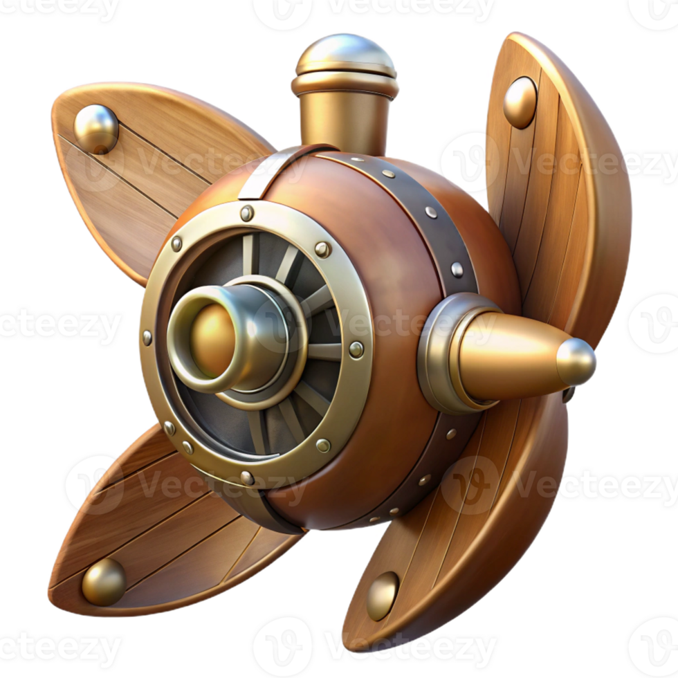 hypnotic dynamic minimalist Steampunk airship propeller made of polished wood and copper with Transparent Background detailed png