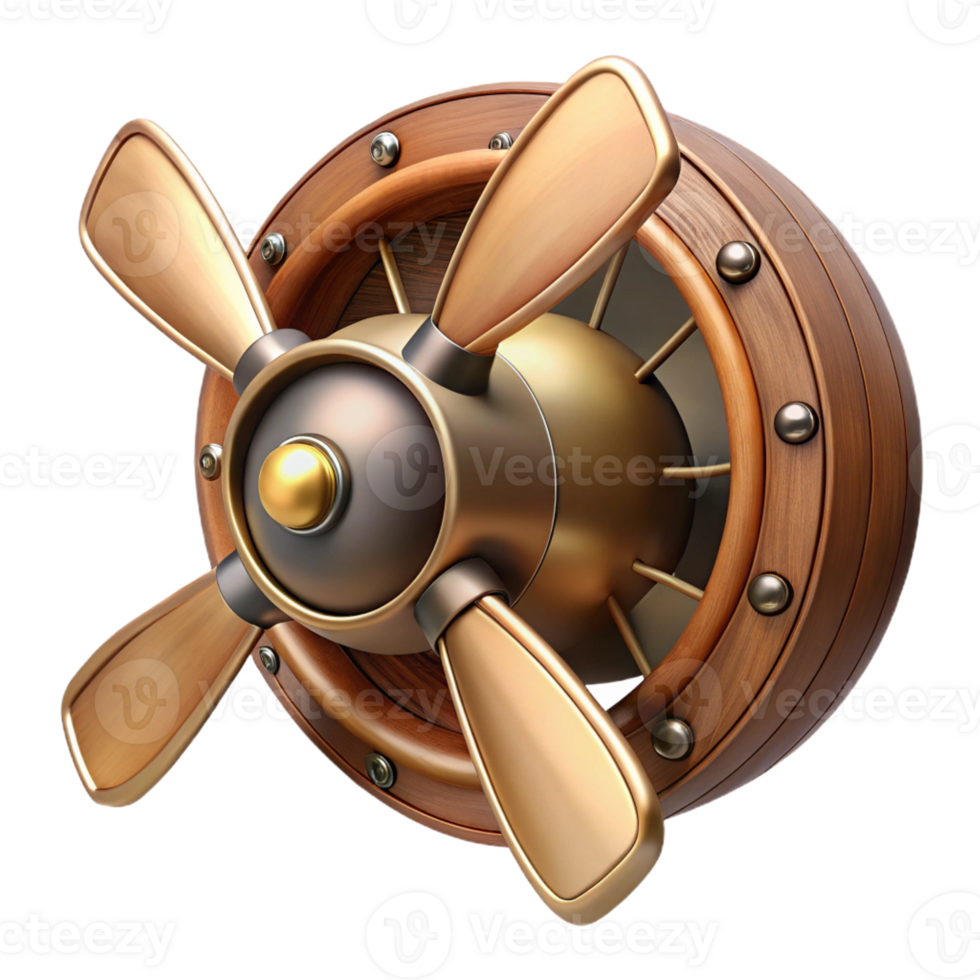 stunning notable Steampunk airship propeller made of polished wood and copper with Transparent Background png