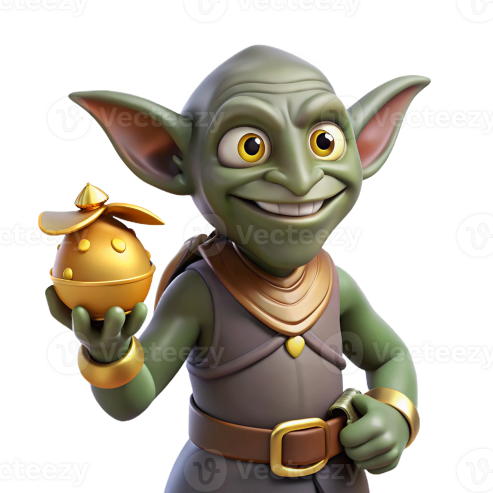 hypnotic victorian A mischievous goblin with pointed ears, holding a pouch of gold, with Transparent Background 4K png