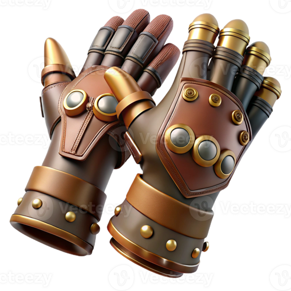 spectacular inspired Steampunk gloves with articulated finger joints and leather gauntlets with Transparent Background png