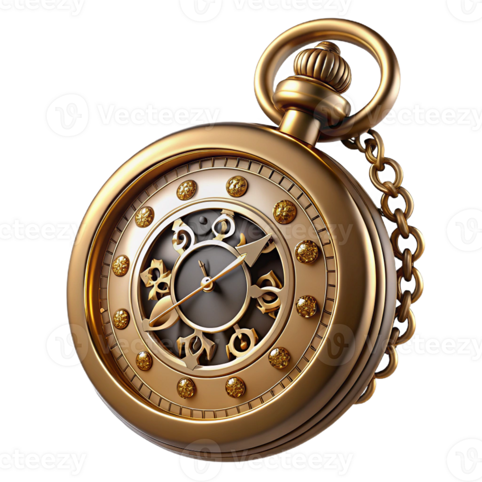 tranquil sumptuous Steampunk pocket watch with Roman numerals and ornate filigree with Transparent Background authentic png