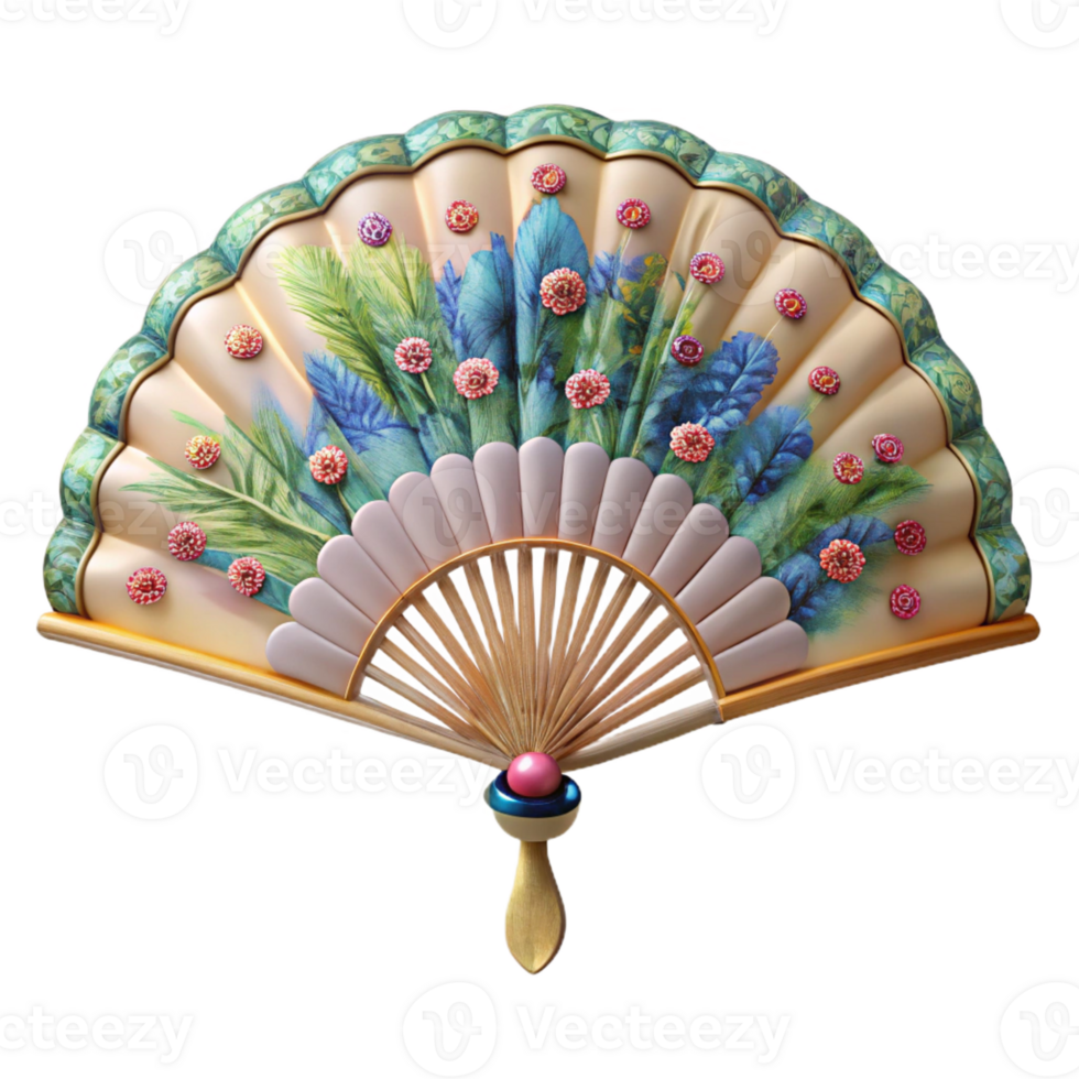 glorious baroque Photorealistic, isolated cutout of an Art Nouveau fan, silk with a hand-painted design of peacocks and wisteria with Transparent Background high resolution png