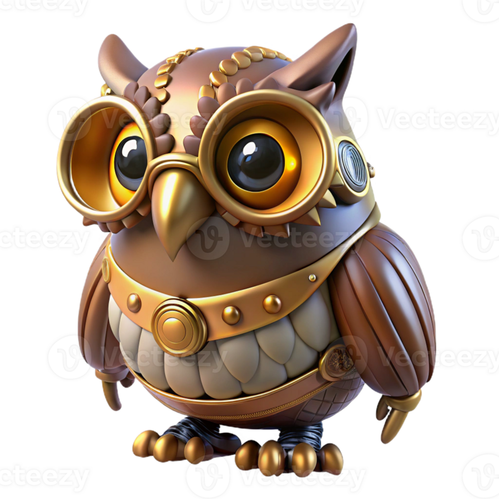 wonderful futuristic Steampunk owl automaton with glowing eyes and intricate feathers with Transparent Background 8K png