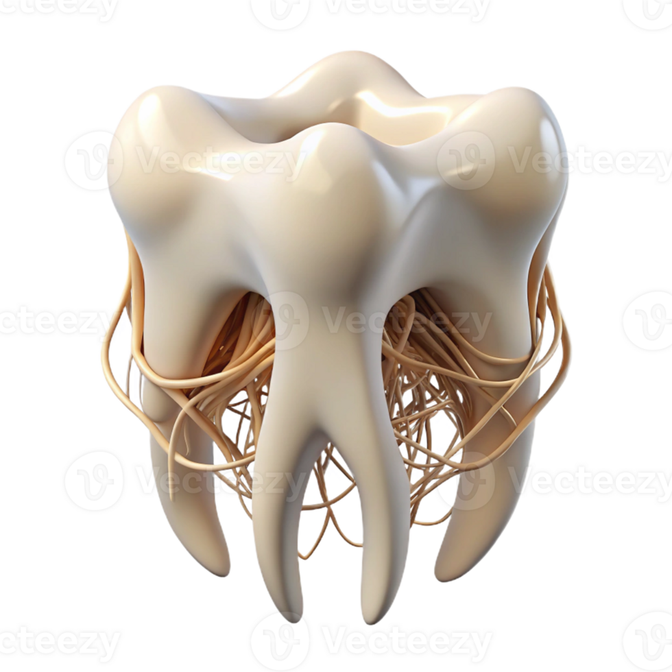 memorable coastal Hyper-specific, ultra-detailed, isolated cutout of a single, human tooth with roots made of intertwined wires with Transparent Background sharp png